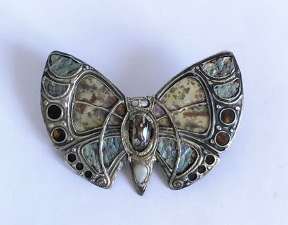 Silver (?) butterfly brooch with moonstone...