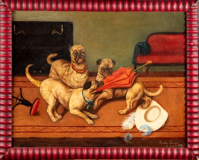 GAURET Berthe GAURET (19th-20th century)

Pugs with an umbrella

Oil on canvas, signed...