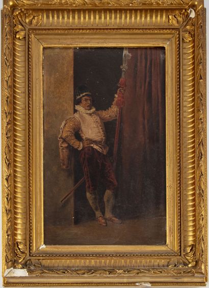 ECOLE FRANCAISE 19th century french school 

16th century halberdier

Oil on panel,

27...
