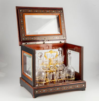 null Liqueur cabinet with wood and glass structure, decorated with a frieze of blackened...