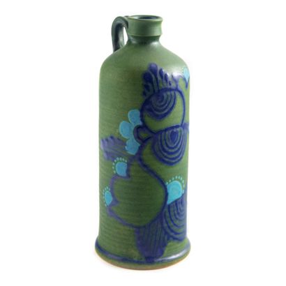 null Calvados flask in stoneware painted with stylized flowers.