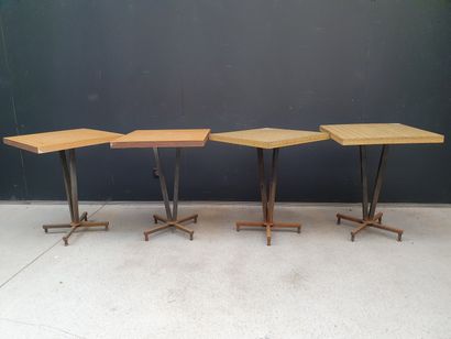 null Set of four bistro tables with wrought iron legs and square wooden top. Circa...