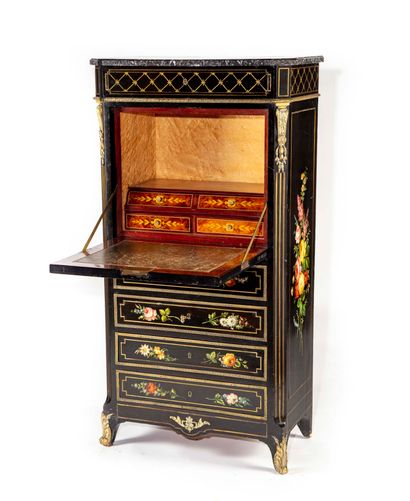 null Painted wood secretary with polychrome flowers on a black background, opening...