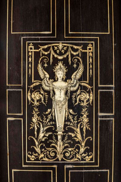 null Cabinet in ebony and engraved ivory marquetry opening on two doors with ten...