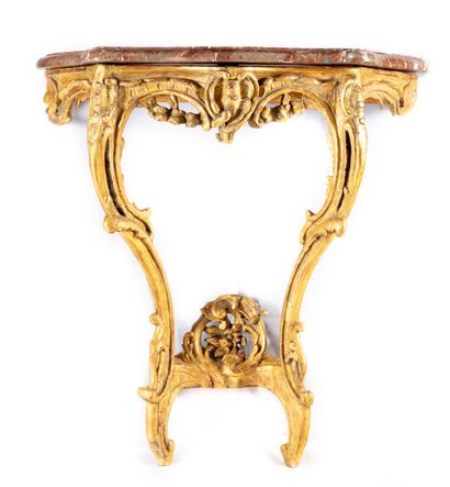 null Gilded wood console with openwork decoration of garlands and rocaille, the top...