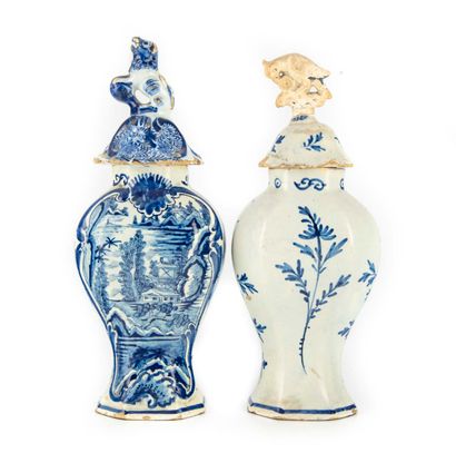 DELFT DELFT

Pair of covered earthenware baluster vases with blue monochrome decoration...