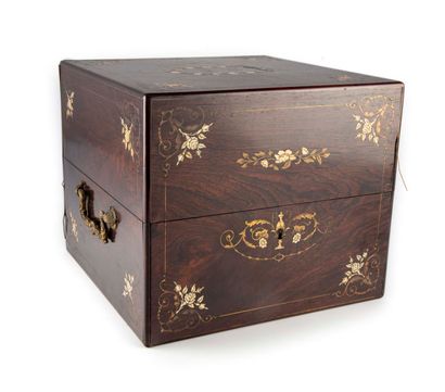 null Liqueur cellar in a square rosewood box decorated with an inlaid ivory and brass...