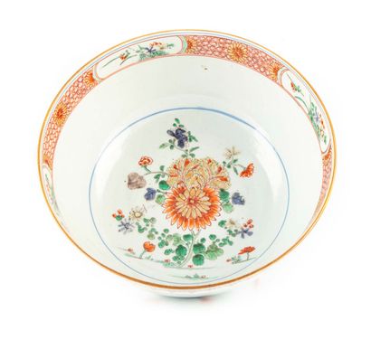 CHINE CHINA 

Porcelain bowl with polychrome decoration of lotus and flowering shrubs...
