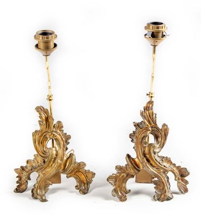 Pair of ormolu andirons with chased Rocaille...