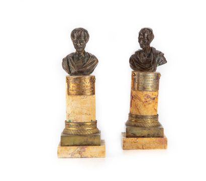 null Pair of busts representing the philosophers Voltaire and Rousseau, in patinated...