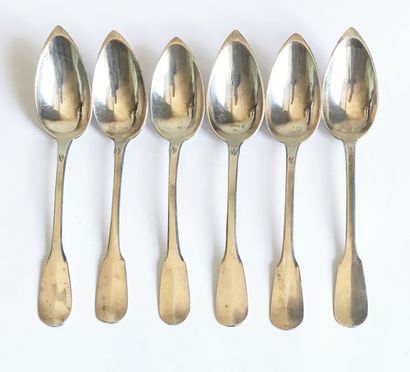 null Set of six small silver spoons, one flat model. 19th century

M.O : L.L (a cross)...