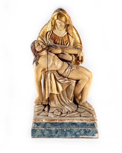 null Important group representing a Pieta in carved wood with polychrome and gilding....