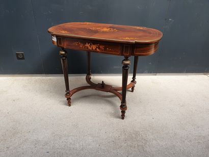 null Small middle table in veneer with floral inlay, opening with a drawer in the...