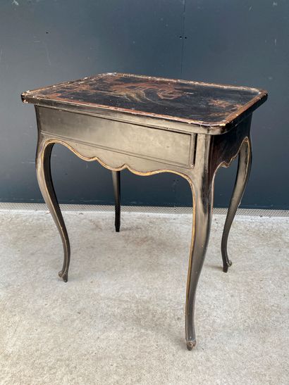 null Small blackened wood table decorated on the top with a scene in the taste of...