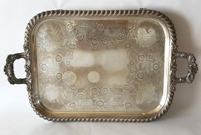 null Large silver plated metal serving tray with engraved floral decoration and gadrooned...