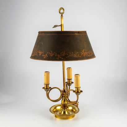 null Gilt bronze hot water bottle lamp with three hunting horn shaped light arms...