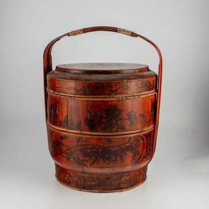 null Boîte couverte en bois à décor peint de personnages et végétaux 

Chine, XXème...