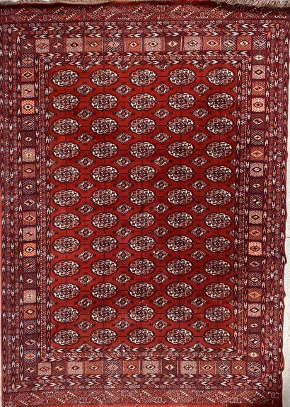 null Tapis en laine à décor polychrome de motifs géométriques sur fond rouge

186...