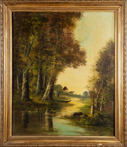 HELLER Dans le goût de Edouard HELLER

Paysage de forêt au bord de l'étang

Huile...