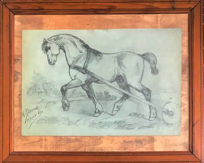 MOURDE R. MOURDE, fin XIXe

Portrait de cheval à l'entrainement

Dessin au crayon...