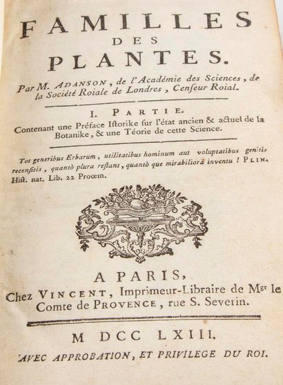 ADANSON ADANSON (Michel). Familles de plantes. A Paris, chez Vincent, 1763. 2 volumes...