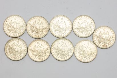 null Lot of 5 pieces of 10 francs silver, 10 euros silver, 18 pieces of 5 francs

Two...