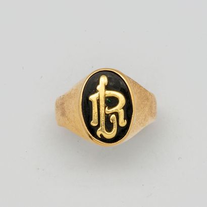 Yellow gold and enamel signet ring with raised...
