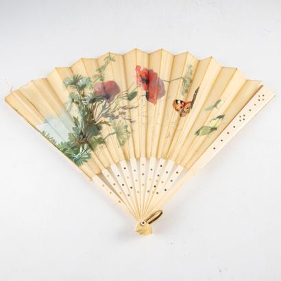 null Folded fan, the leaf made of fabric painted with poppies and butterflies, bone...