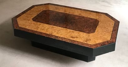 null Coffee table with a polygonal top made of veneer imitating two-tone burr wood....