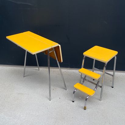 null Kitchen table with shutters and step stool with metal structure and yellow formica....