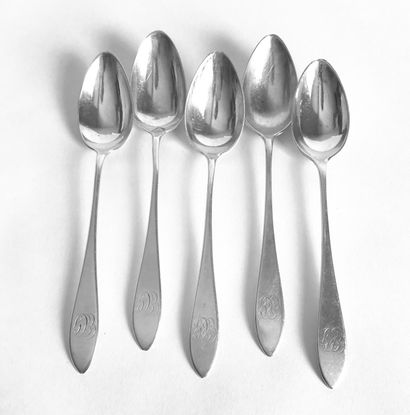 SHREVE-STANWOOD Set of 5 small silver spoons with pointed spatula. Numerated. English...