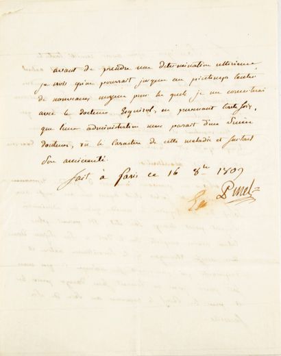 null PINEL (Philippe), médecin aliéniste, (1745-1826).



Pièce signée. Paris, 16...