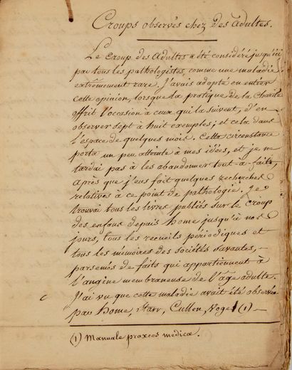 null [Manuscrit]. [Médecine]. CARANT. Mémoire sur le croup des adultes. 1834. In-4,...