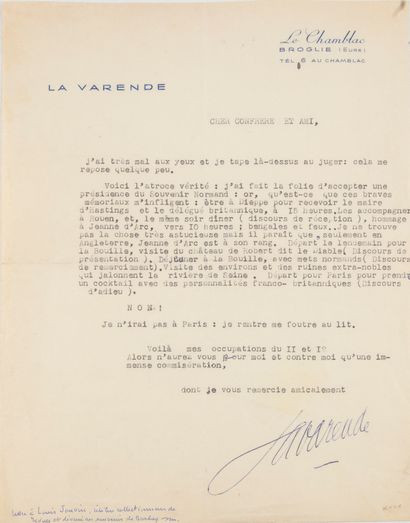 null LA VARENDE (Jean de), romancier, (1887-1969).



Lettre dactylographiée signée,...