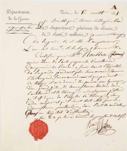 null LARREY (Dominique-Jean), chirurgien et baron de l'Empire, (1766-1842). Certificat...