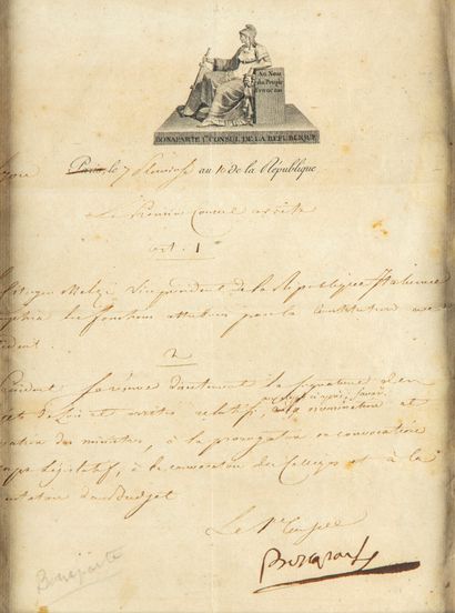 null BONAPARTE (Napoléon).

Pièce manuscrite signée « Bonaparte ». Lyon, 7 pluviôse...