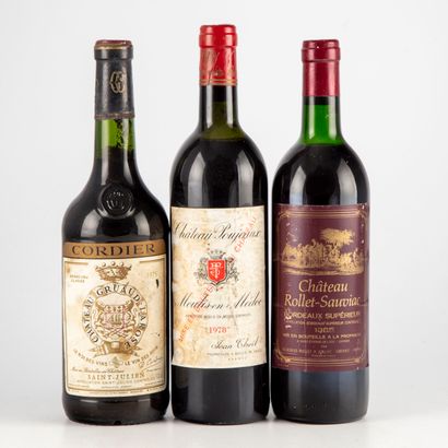 null 3 bottles : 1 CHÂTEAU ROLLET-SAUVIAC 1985 Bordeaux, 1 CHÂTEAU GRUAND LAROSE...