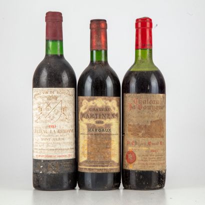 null 3 bouteilles : 1 CHÂTEAU MARTINENS 1985 Margaux, 1 CHÂTEAU LABOUYGUE 1982 Saint...