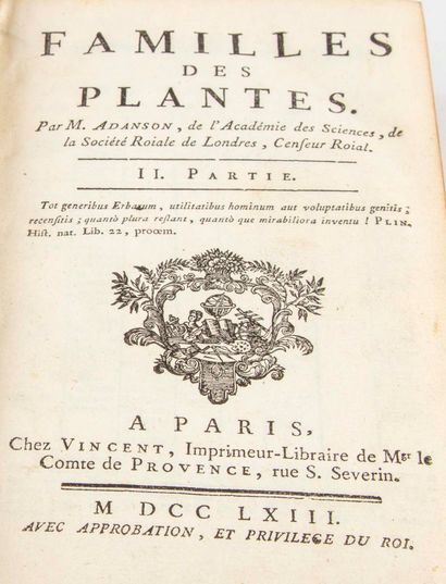 null ADANSON (Michel). Familles de plantes. A Paris, chez Vincent, 1763. 2 volumes...