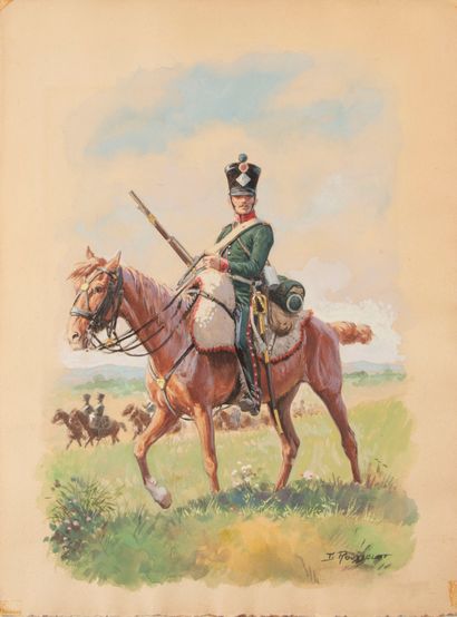 null ROUSSELOT (Lucien). Carabiniers. Watercolour signed lower right, unframed. 37,5...