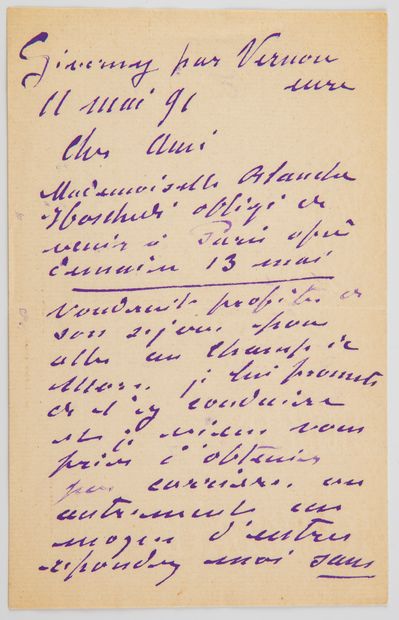 null Claude MONET (1840-1926). Autograph letter signed, to [Gustave Geffroy]. Giverny,...