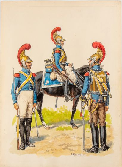 null ROUSSELOT (Lucien). Carabiniers. Watercolour signed lower right, unframed. 37,5...