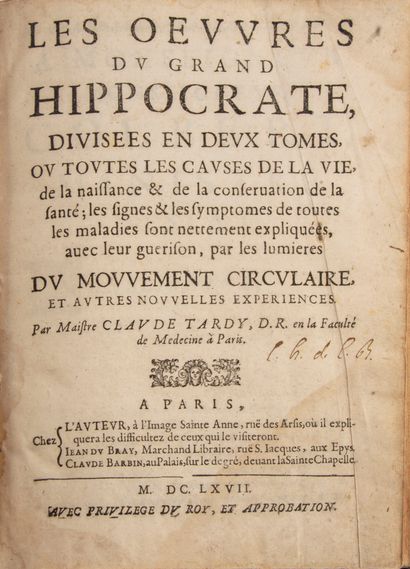 null HIPPOCRATE ; TARDY (Claude). Les oeuvres du grand Hippocrate A Paris, chez l'auteur,...