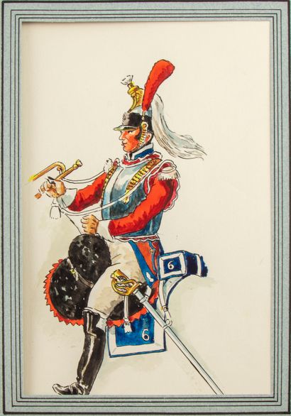null BRONNER (André). Hussars. 8 watercolour plates signed under passepartout - Chasseurs...