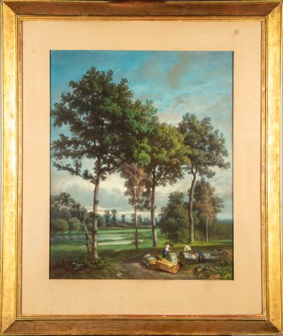 DE KOCK Louis Evrard Conrad de KOCK (1815- ?)

Paysage de campagne et bucherons

Pastel

72...