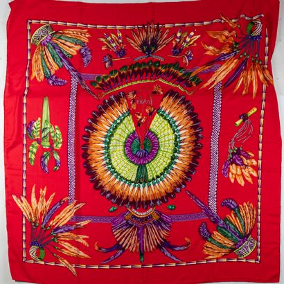 HERMES HERMES - Paris 

Cashmere and printed silk shawl, titled "Brazil" on a red...