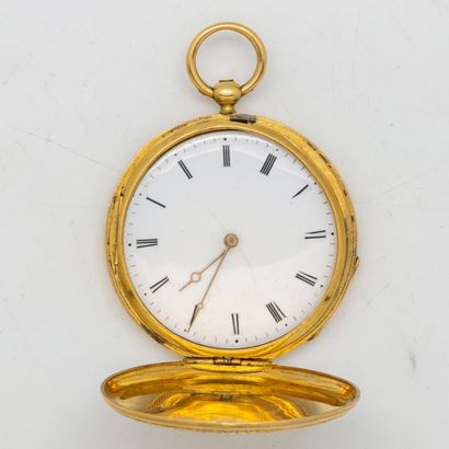  Yellow gold (750 thousandths) man's pocket watch, double gold case engraved "Echappement...