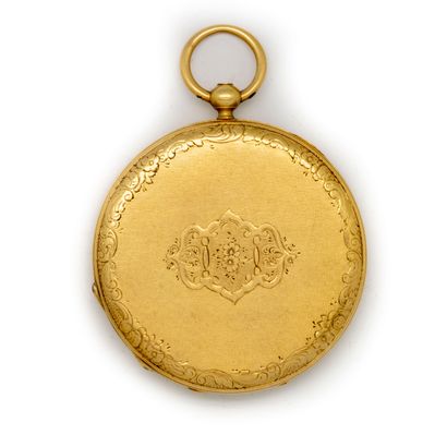  Yellow gold (750 thousandths) man's pocket watch, double gold case engraved "Echappement...
