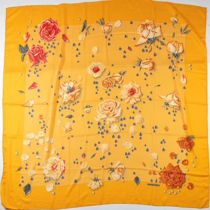 HERMES HERMES - Paris 
Cashmere and silk shawl printed "La Rosée" on yellow background...
