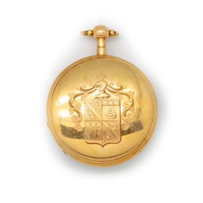  Important 18k yellow gold pocket watch, white enamel dial with Arabic numerals and...